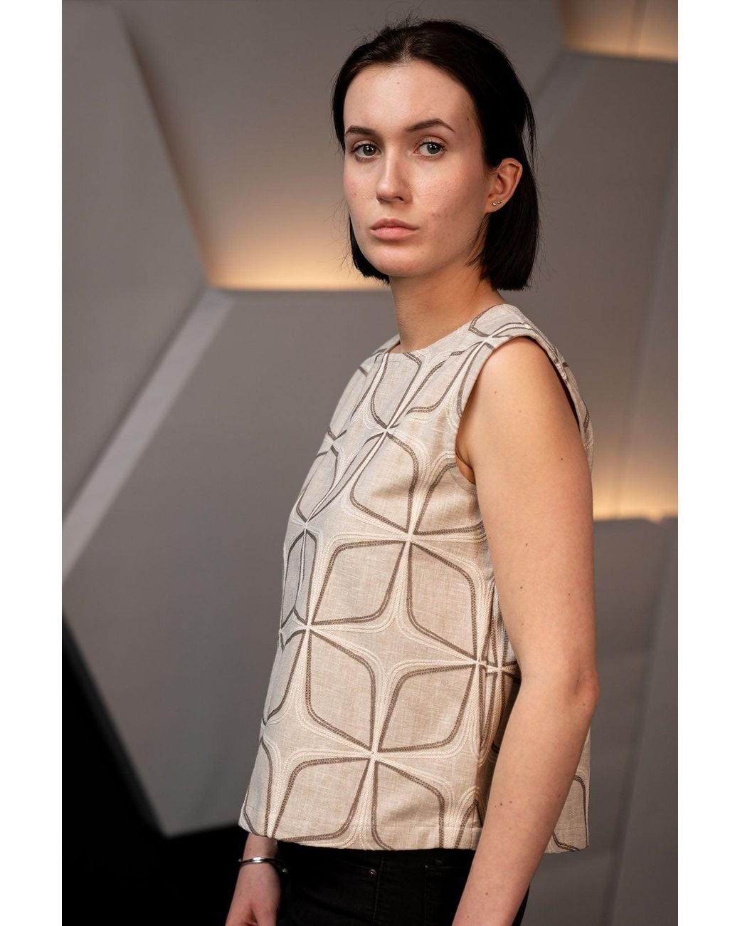 Stovaria Natural Neutrals Embroidered Linen Structured Sleeveless Statement Top