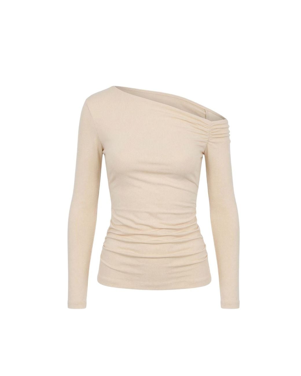 Monlicia Natural Neutrals Asymmetric Off-Shoulder Long Sleeve Stretch Lune Top