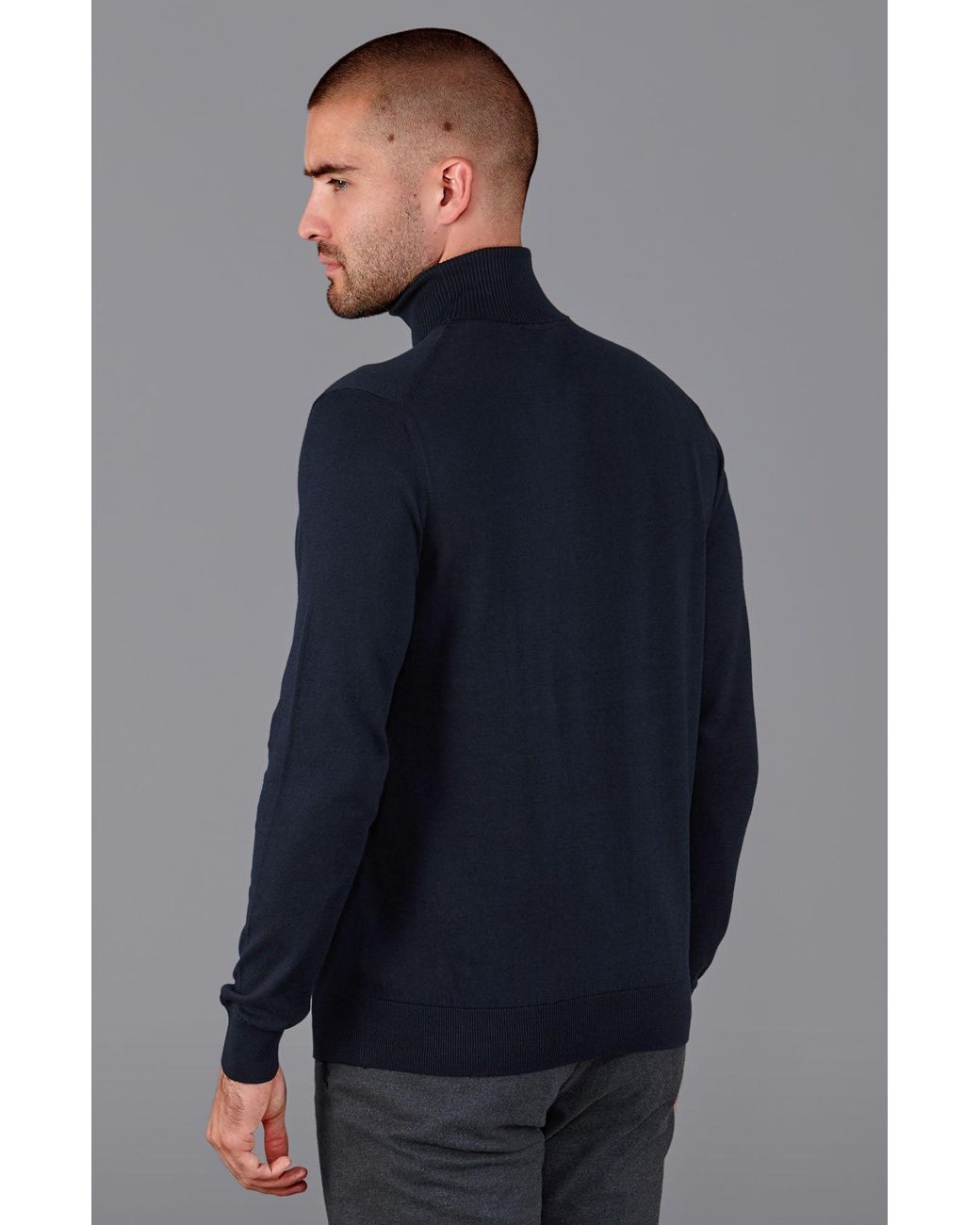 Paul James Knitwear Blue Ultra Fine Cotton Atwod Roll Neck Jumper for men