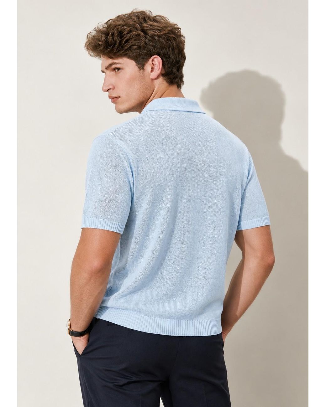 Vayla Blue Fine-Knit Relaxed Fit Open Collar Polo Shirt for men