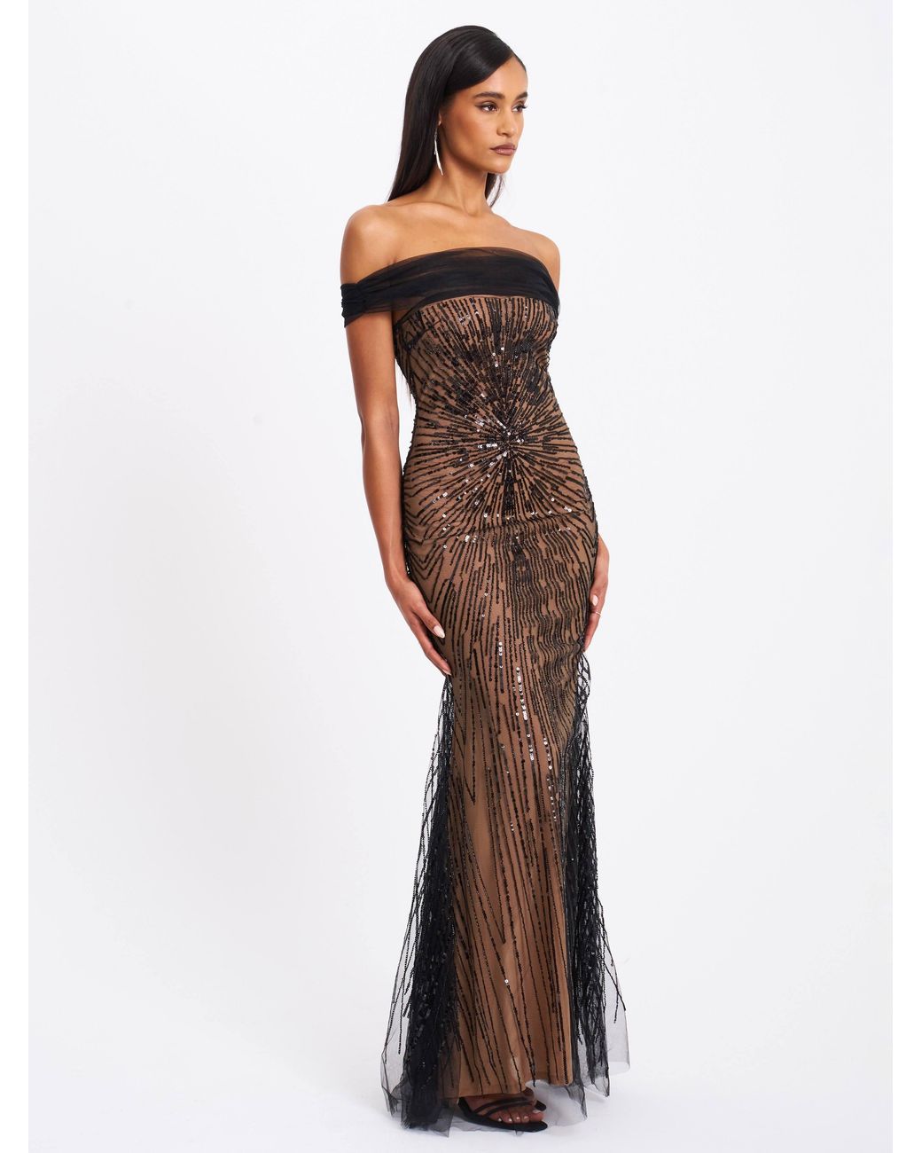 Miss Circle New York Black Qeturah Embroidered Sequin Off Shoulder Mesh Gown