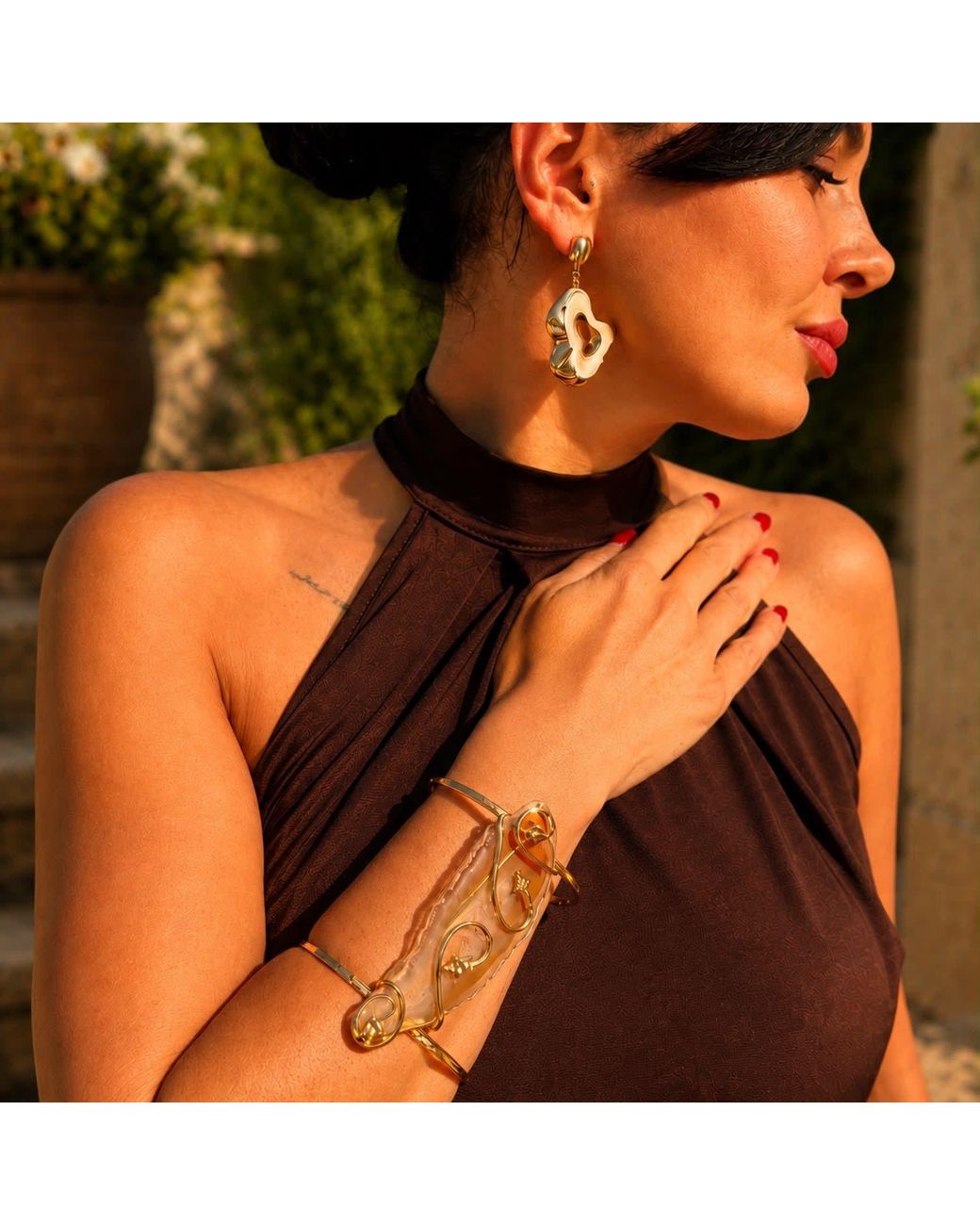 By Ozge Orange Sacred Ember Handcrafted Carnelian Agate Plated Statement Cuff Bracelet