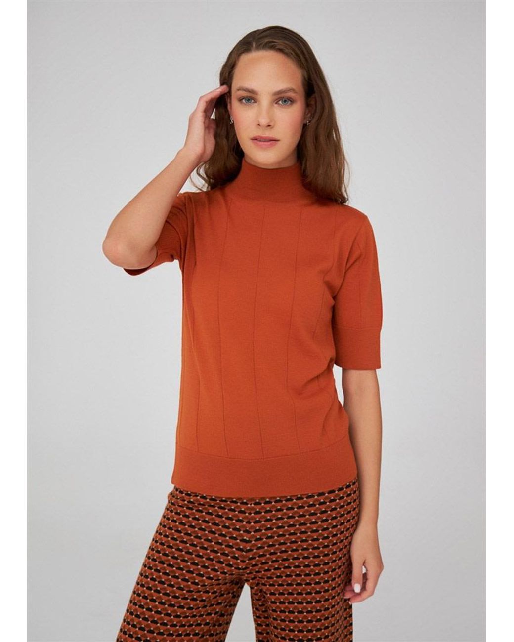 Peraluna Brown Betty High Neck Short Sleeve Knitwear Fine Blouse