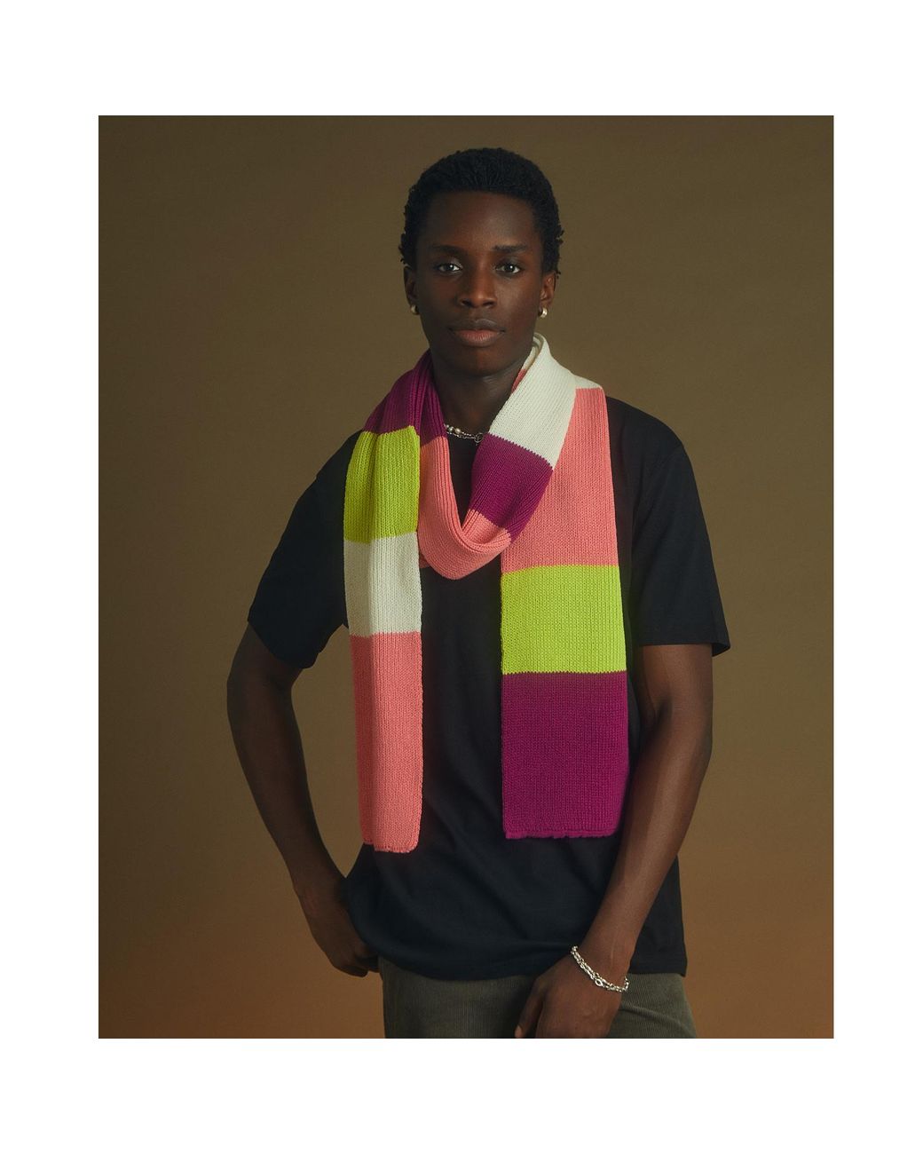 INGMARSON Pink Ribbed Colour Block Wool & Cashmere Scarf for men