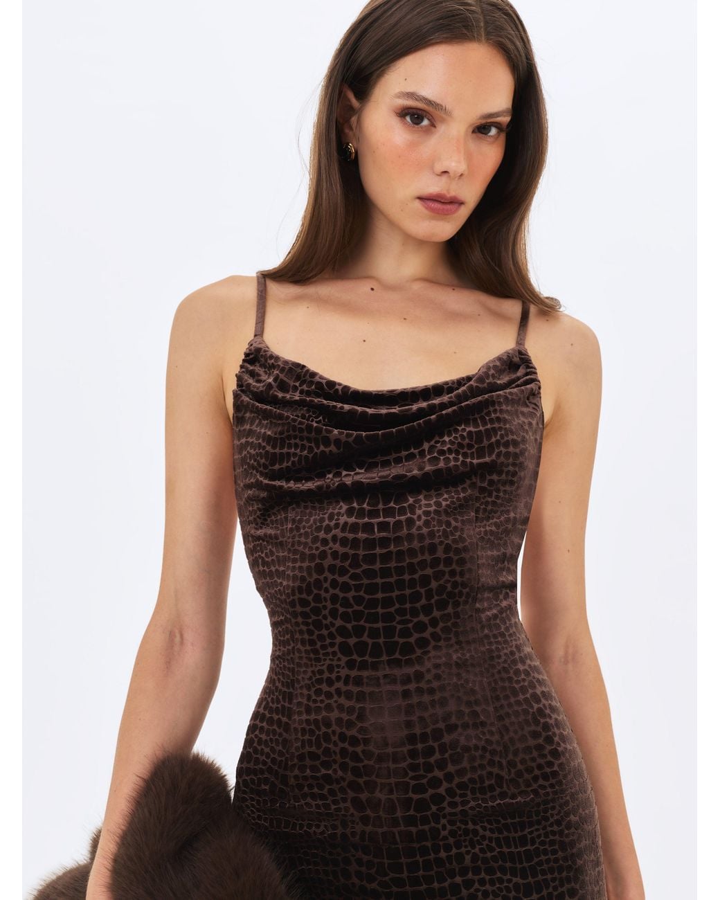 Miss Circle New York White Veronique Croc-Embossed Velvet Cowl Neck Mermaid Maxi Dress