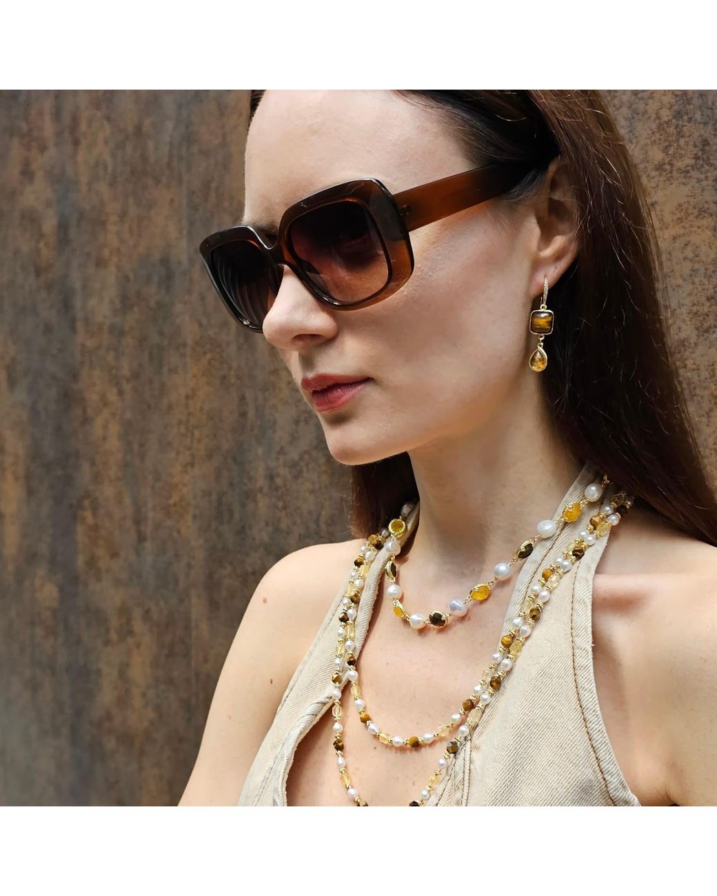 Farra Metallic Tiger Eye With Citrine Dangle Comfort Earrings