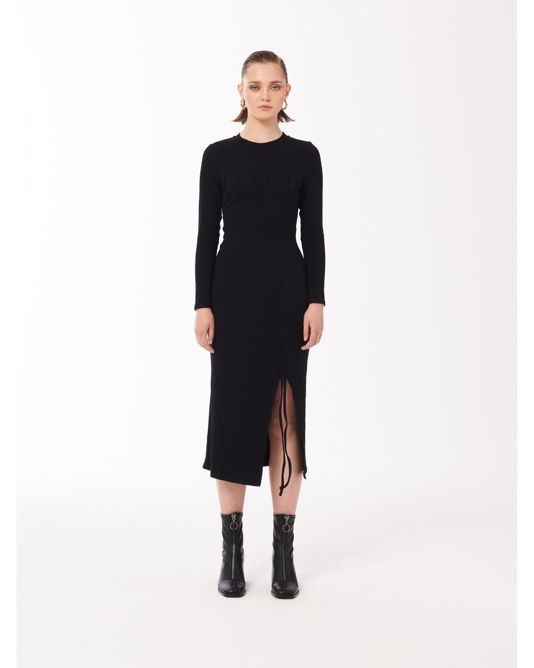 Sour Figs Black Gathered Bra Midi Dress With Split