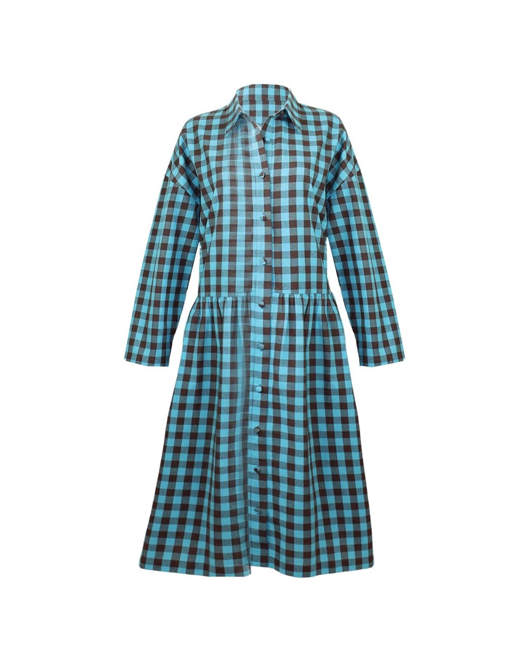 Zenzee Blue Cotton Linen Gingham Shirt Dress