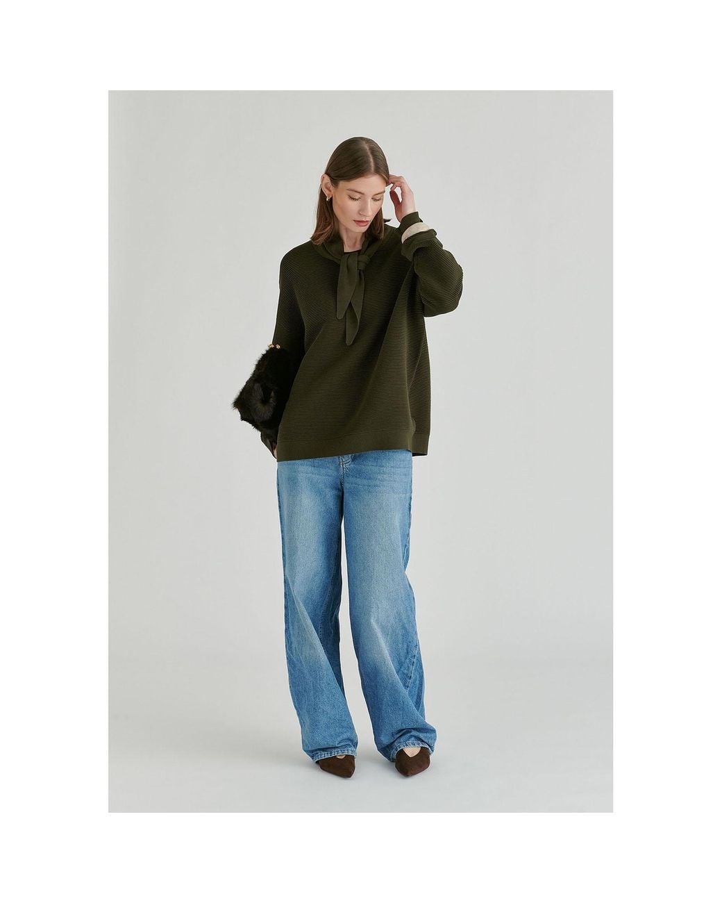 Paisie Green Ribbed Jumper With Attached Scarf Tie