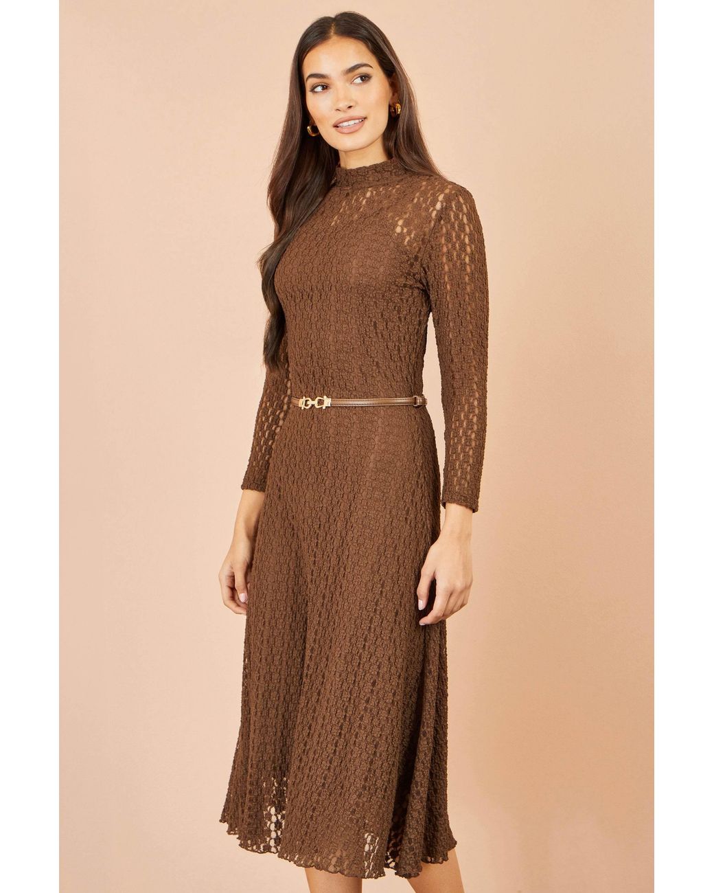 Yumi' Brown High Neck Lace Midi Dress