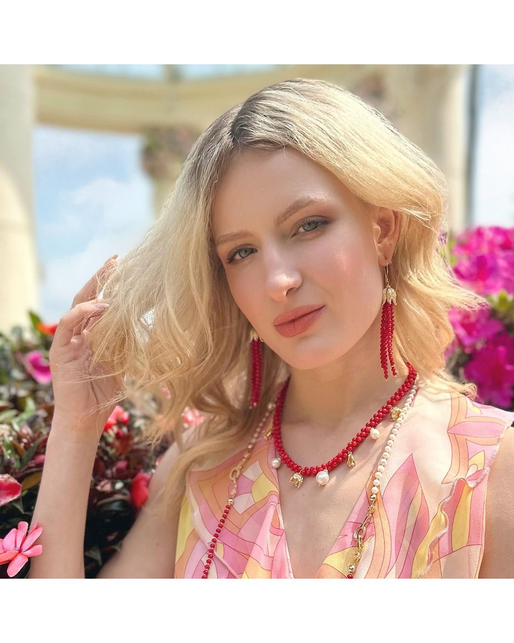 Farra Red Peanut Shaped Coral Statement Necklace