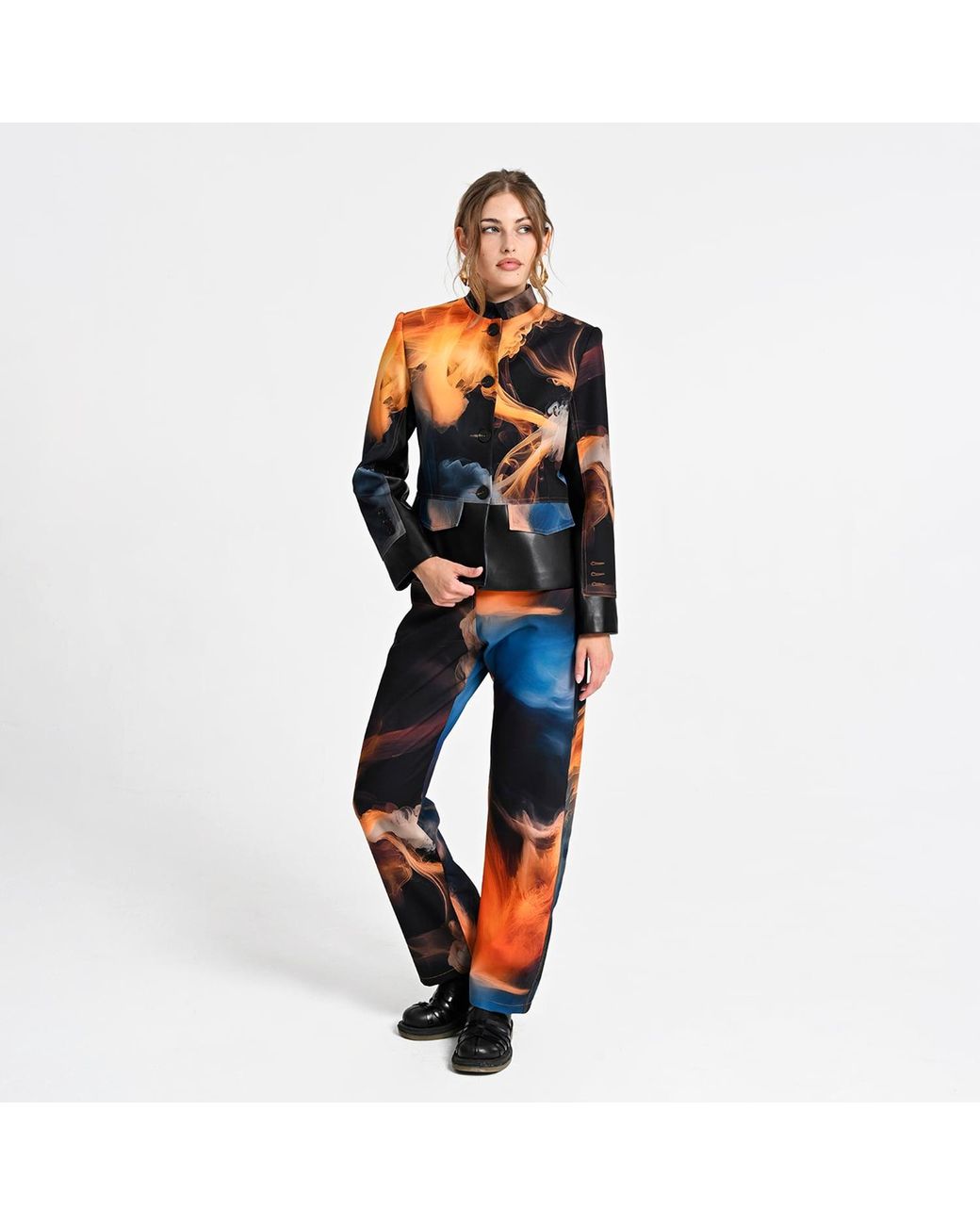 Lalipop Design Blue Cropped Jacket With Vegan Leather Trim And Digital Flame Print