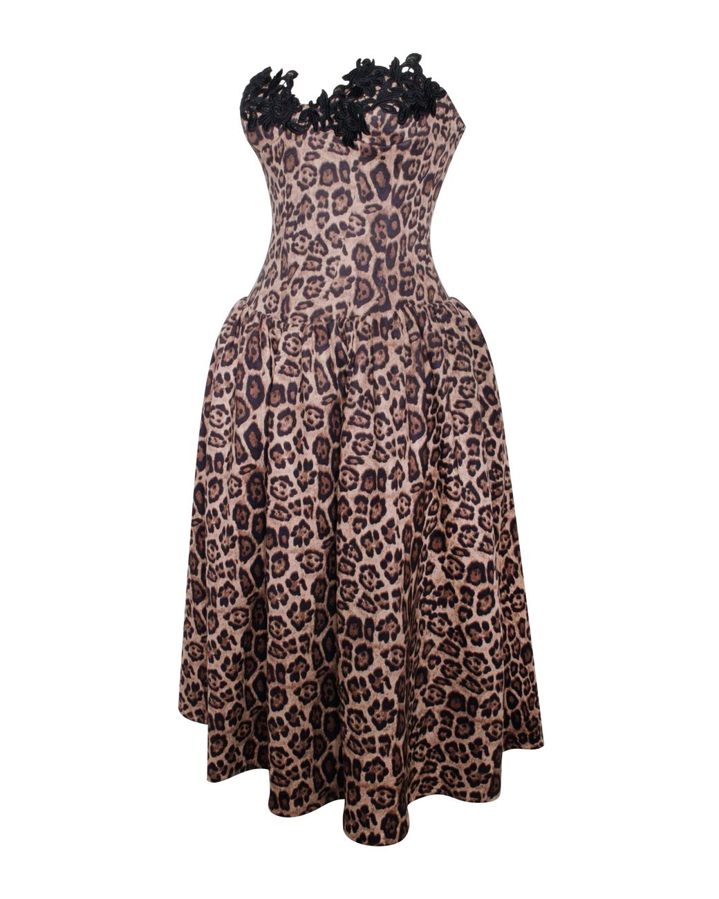 Miss Circle New York Brown Uchenna Cheetah Print Stretchy Strapless Midi Dress With Lace Trim