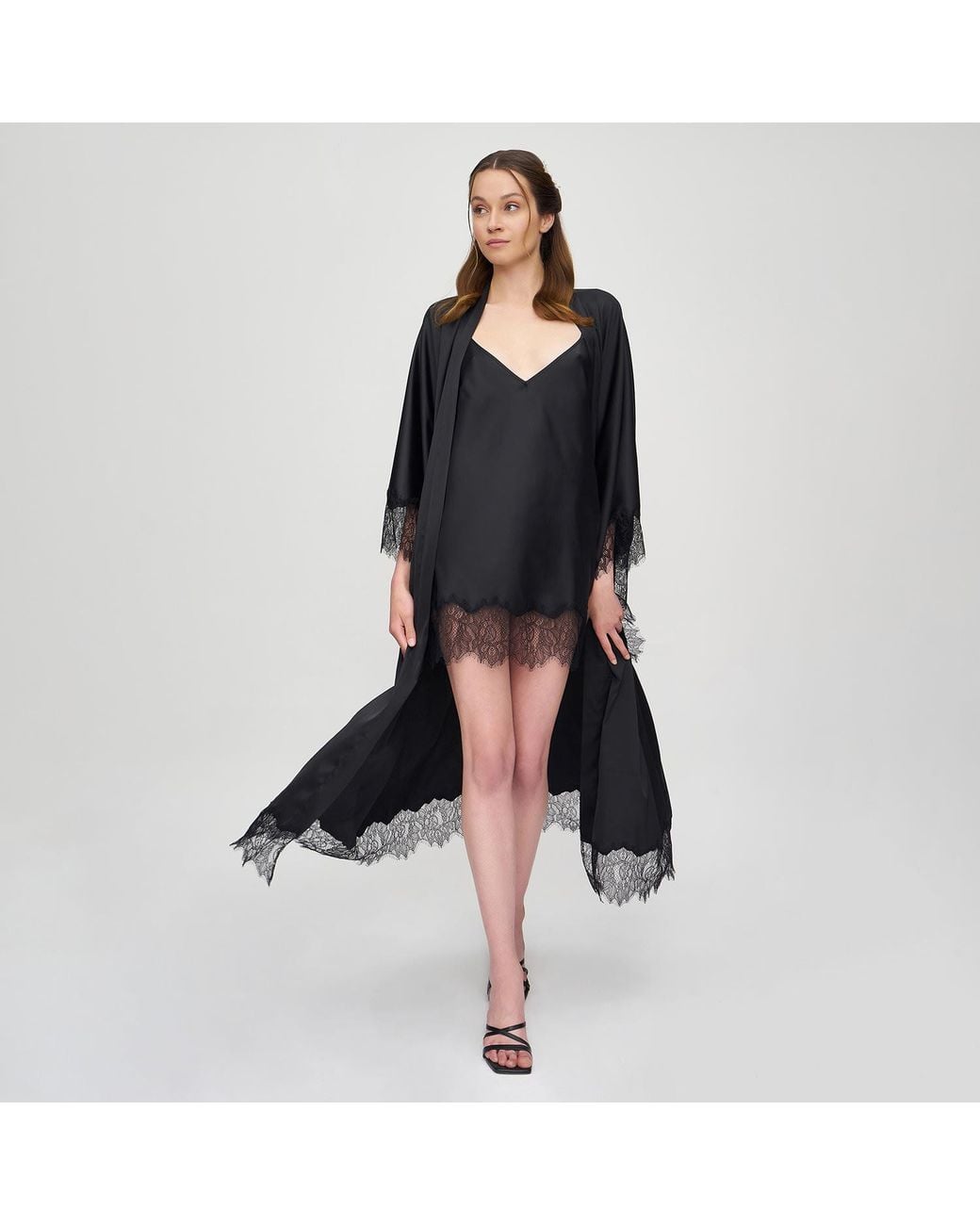 Avenue 8 Black Lace Maxi Silk Robe