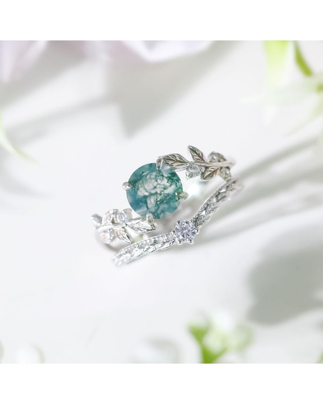 Azura Jewelry New York White Between The Leaf Round Moss Agate Ring Vermeil