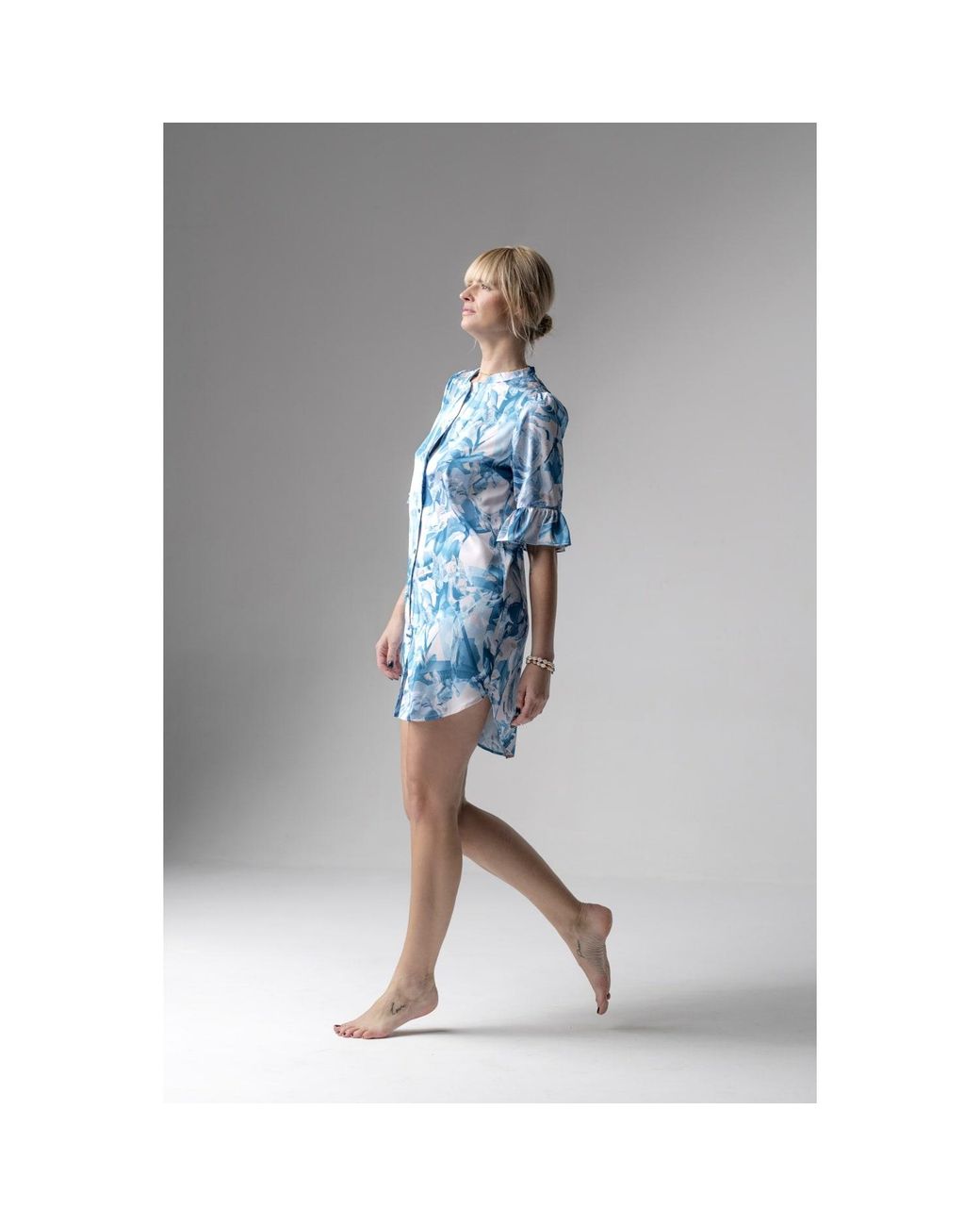 Oh!Zuza Blue Frida Satin Viscose Nightdress Frill Sleeves