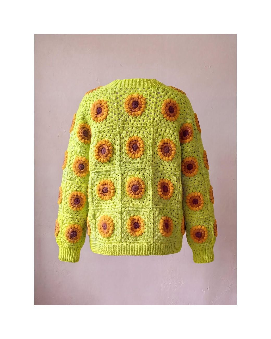 Ana Chic Yellow Lime Sunflower Granny Square Handmade Crochet Cardigan