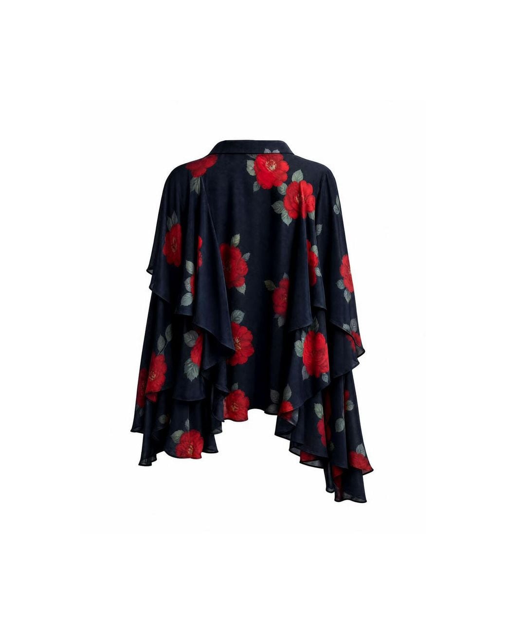concept A trois Blue Chiffon Blouse With Rose Print And Ample Ruffles