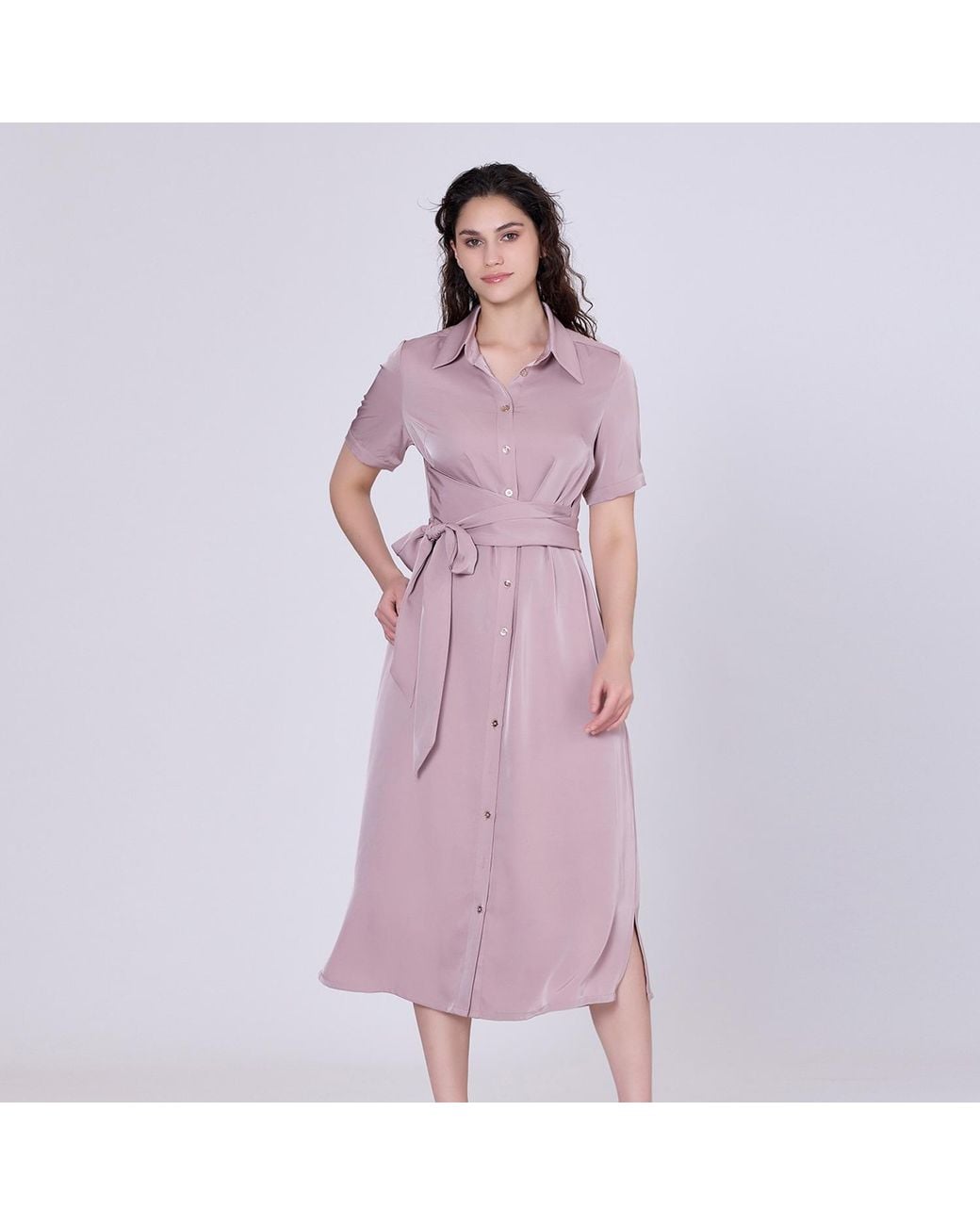 Smart and Joy Purple Mat Satin Midi Shirt Dress