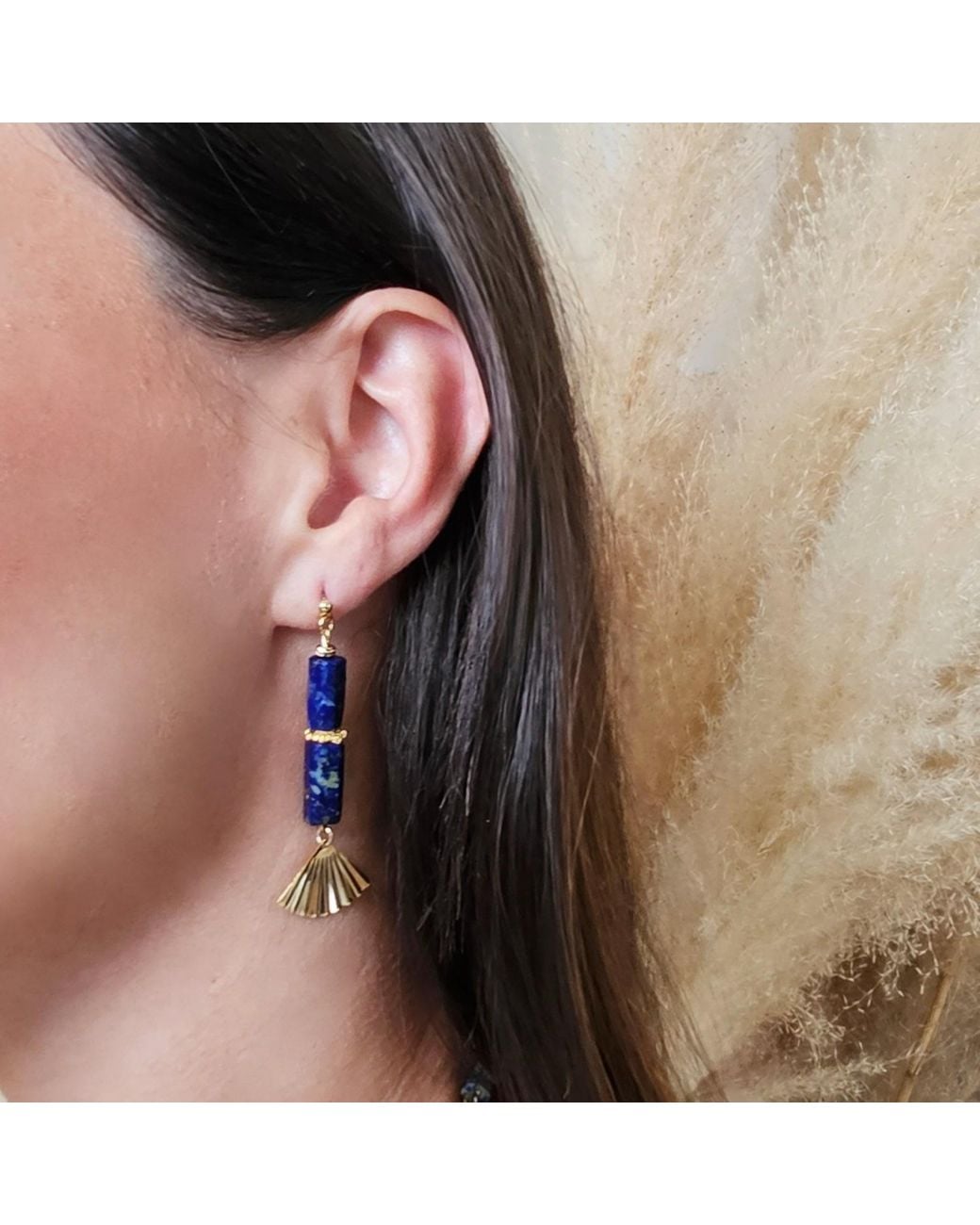 Farra Blue Lapis Lazuli & Fan Linear Drop Earrings