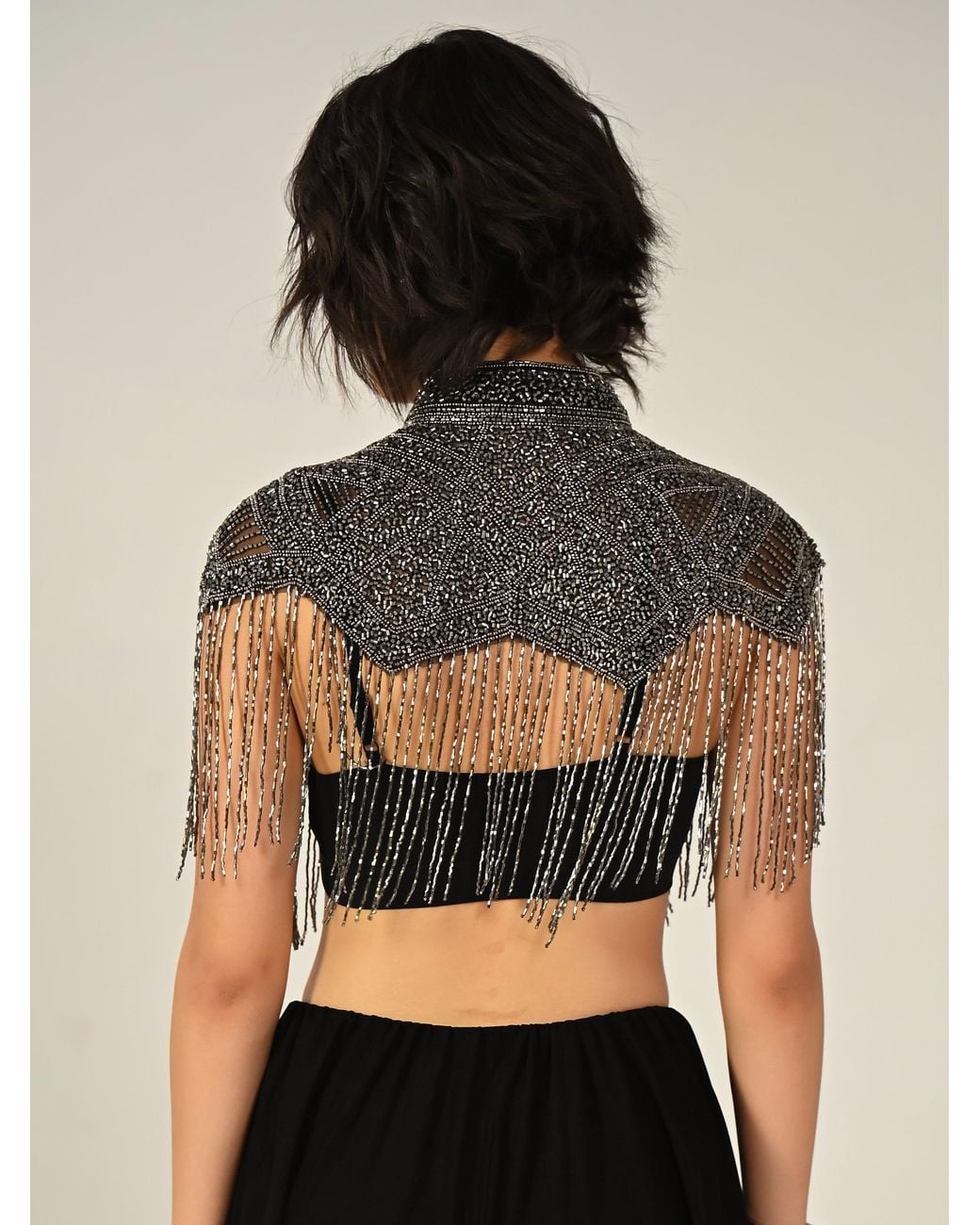 Rose & Nancy Black Bonnie Hand Embellished Fringe Cape Top