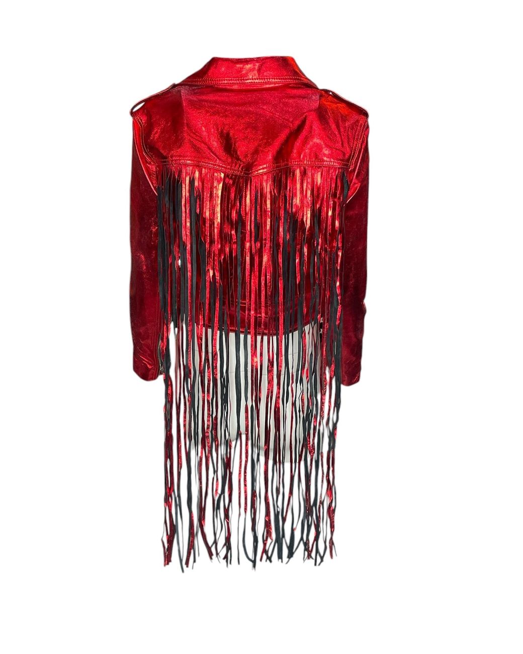 Any Old Iron Red Metallic Peril Leather Fringe Moto Jacket