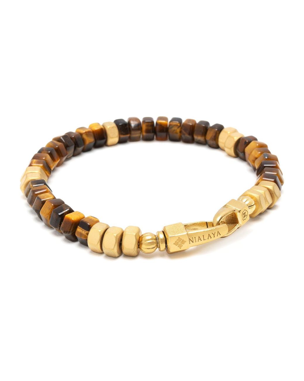 Nialaya Metallic Hexagon Beaded Bracelet With Tiger Eye And for men