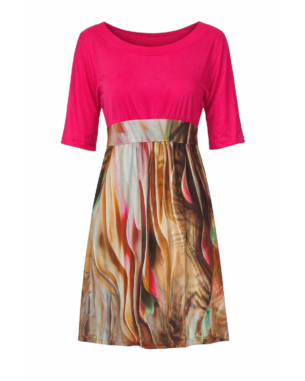 Conquista Pink Empire Waist Dress With Contrast Bodice & Flowing Printed Skirt