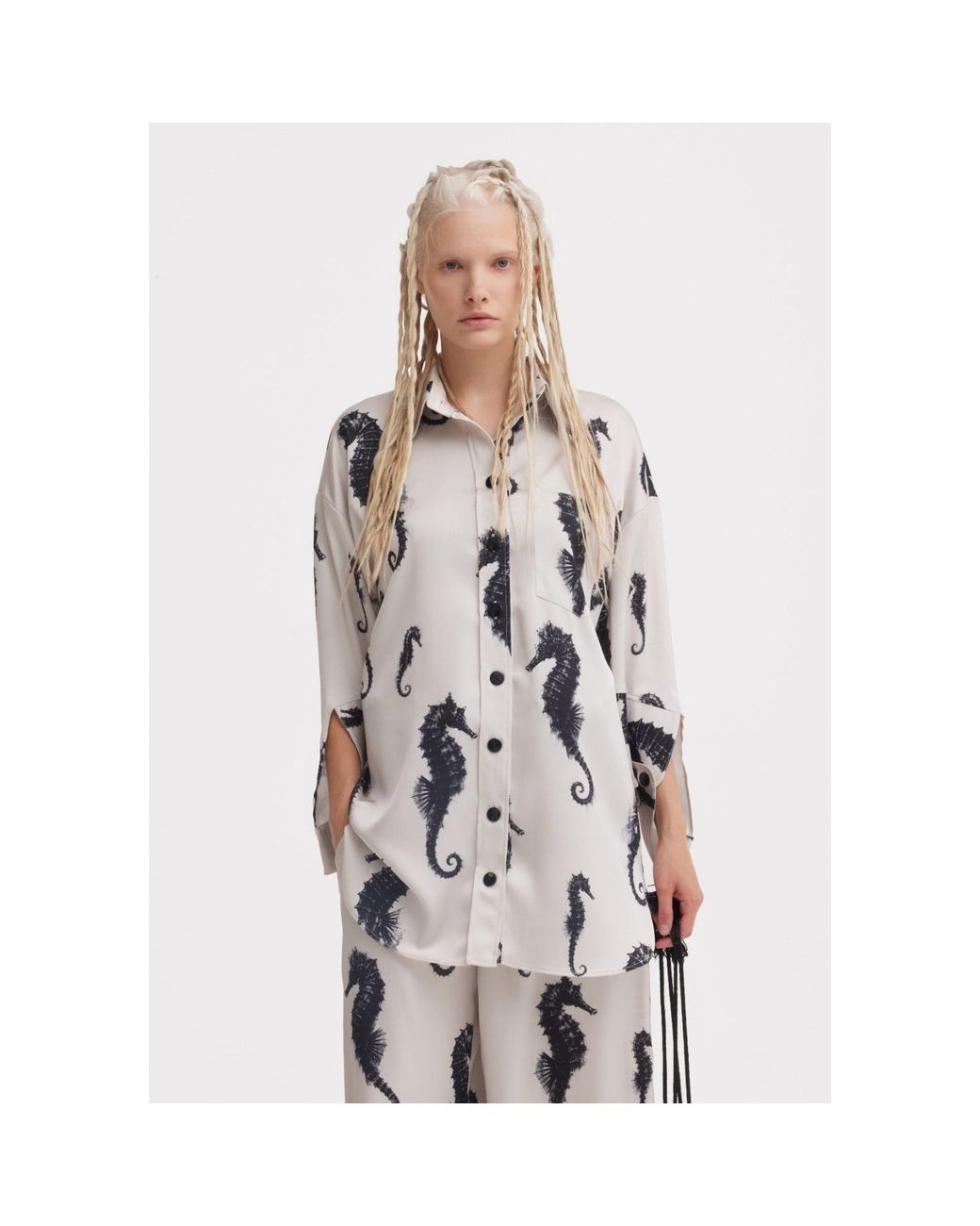 Julia Allert Gray Seahorse Print Oversized Shirt & Paperbag Palazzo Set – Ivory