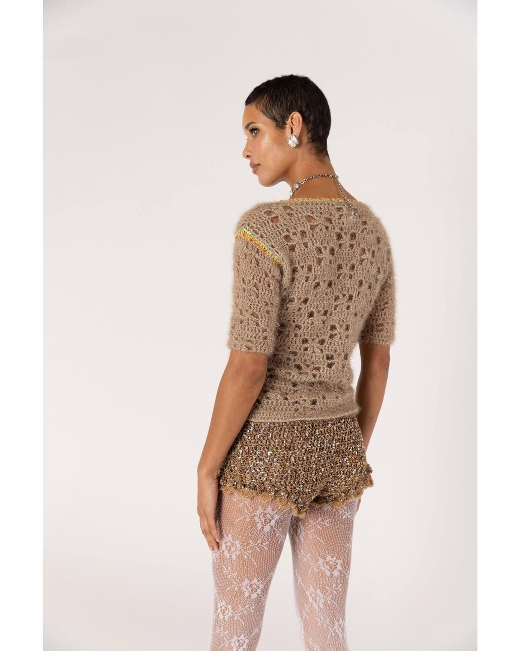 Andreeva Brown Chrysanthemum Handmade Crochet Shorts