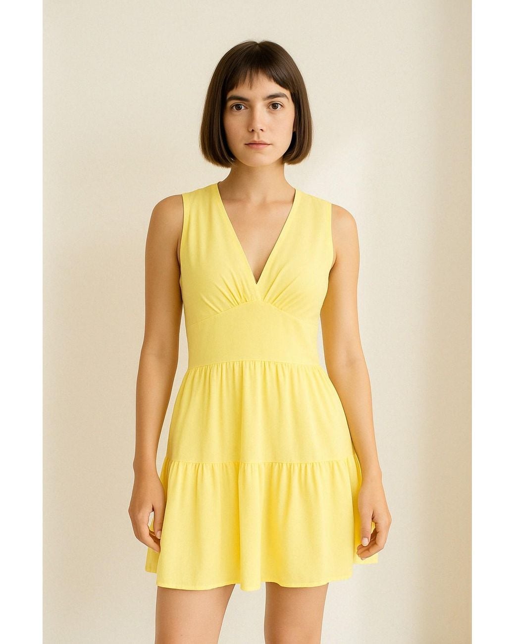 Conquista Yellow Lemon Sleeveless V-Neck Jersey Dress – Loose Fit, Knee-Length