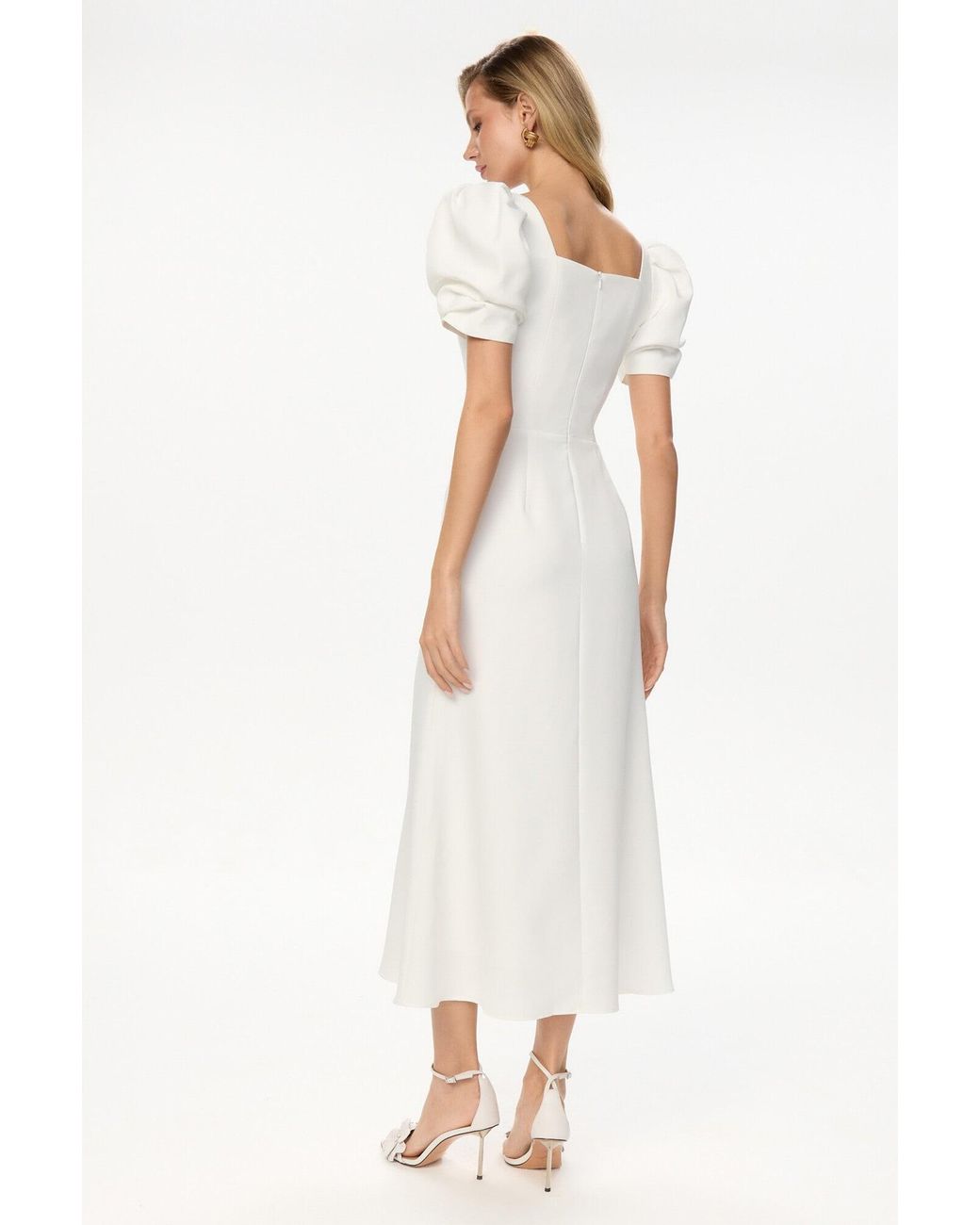 POST MERIDIEM White Godet Silhouette Square Neck Midi Dress
