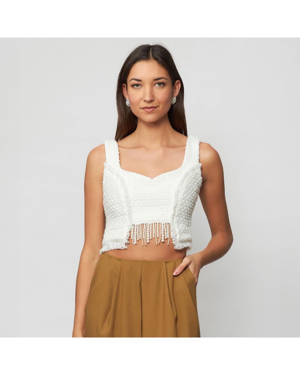 Solgo Atelier White Tia Sleeveless Crop Top Shimmering Tweed Bouclé With Pearl Fringes
