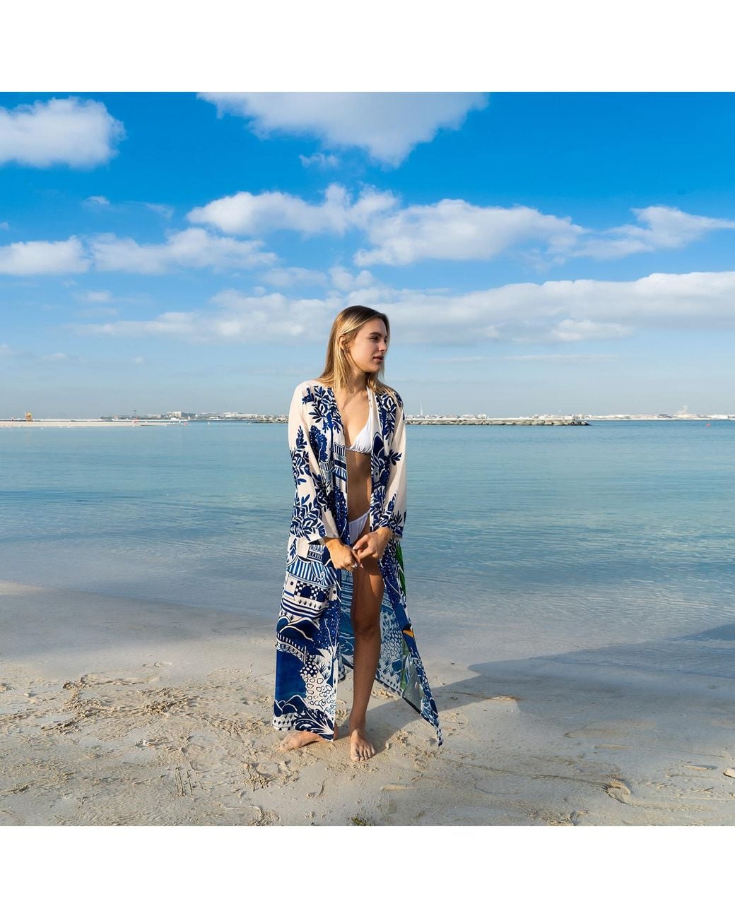 DHARA SHETH DUBAI Blue Harmony Bird Print Long Kimono