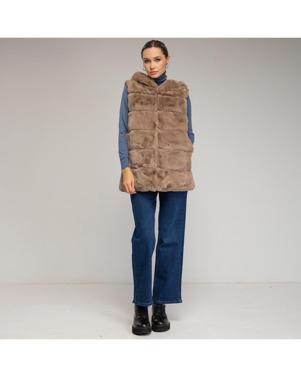 Tantra Spain Sl Brown Neutrals Fur Vest With Hood And Zipper Closure