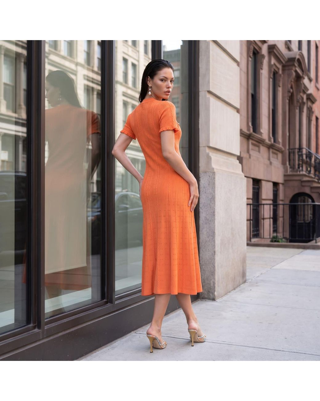 Modenaire Orange Button Front Knit Midi Dress