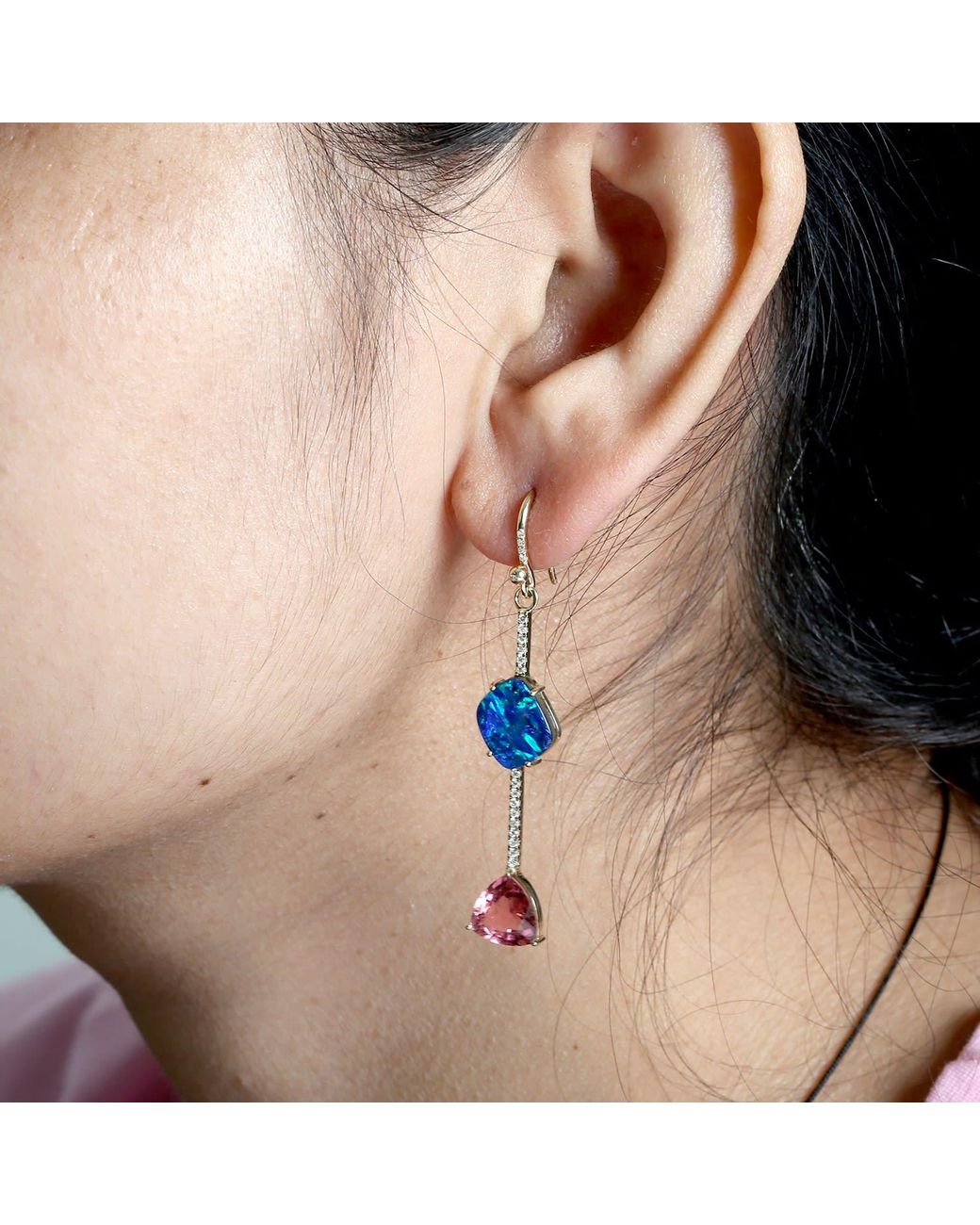 Artisan Blue Tourmaline, Opal & Diamond Drop Earrings