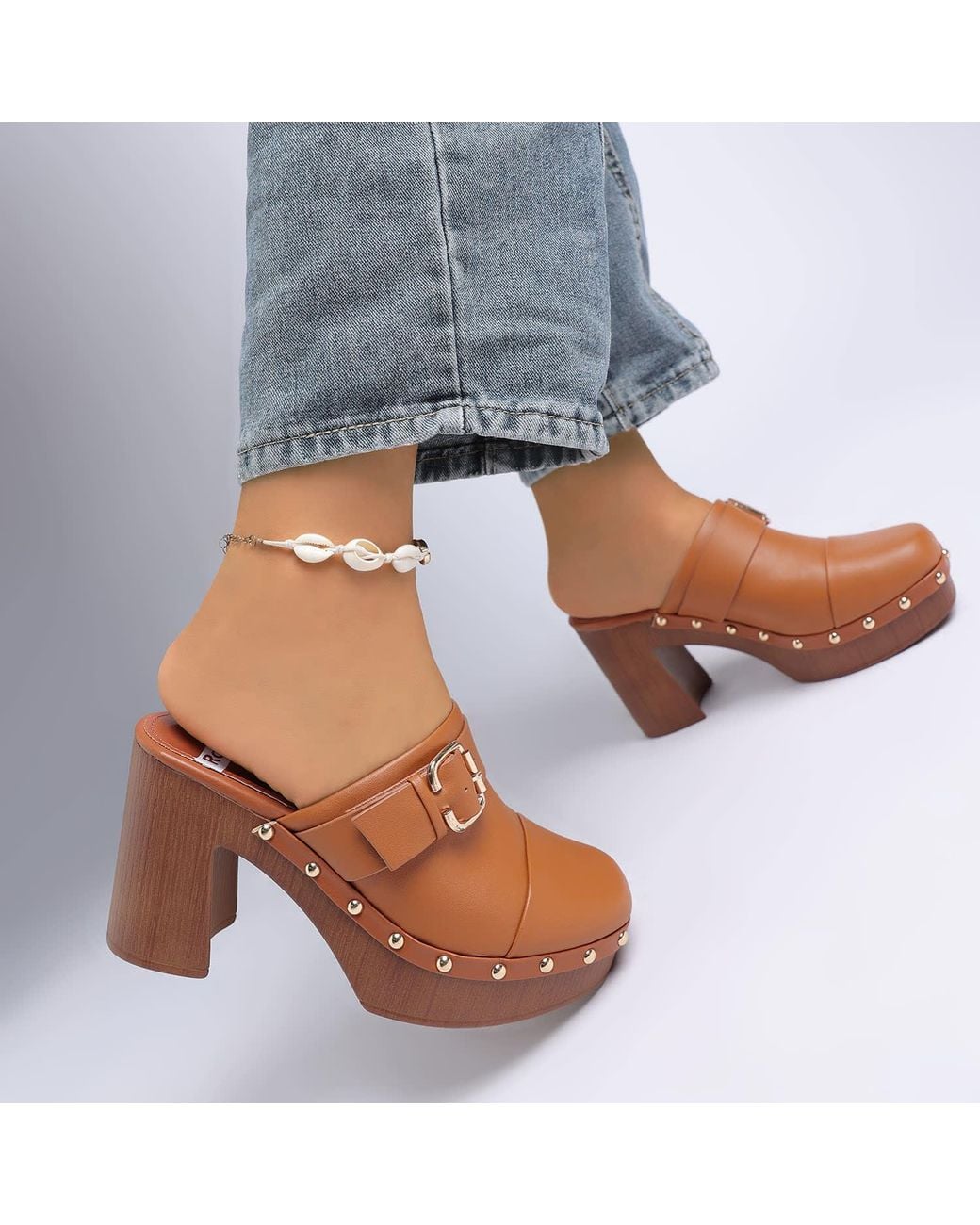 Rag & Co Brown Septim Genuine Leather Studded Clog Heels