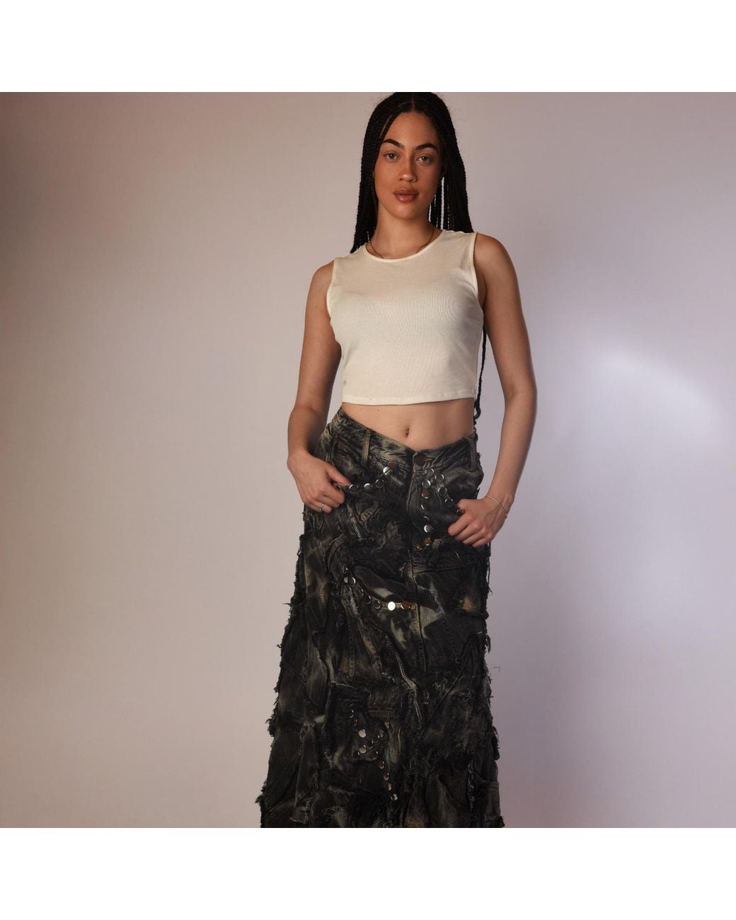 Zasta Studio Gray Shred Couture Carbon Clash Studded Denim Skirt