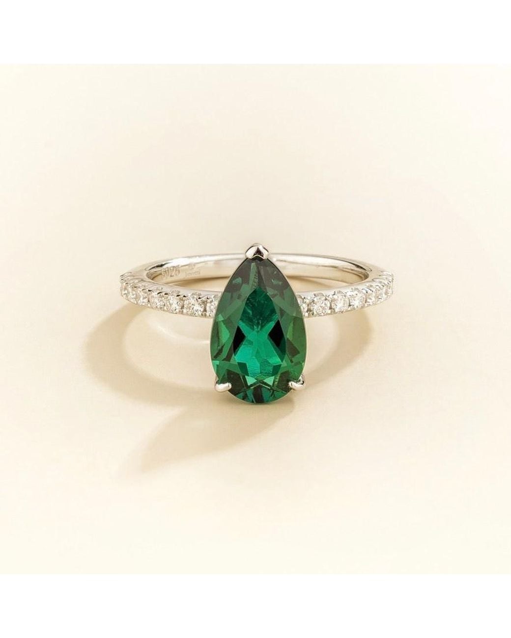 Juvetti Green Ostry Emerald Pear-Cut & Diamond Pave Shoulder Ring