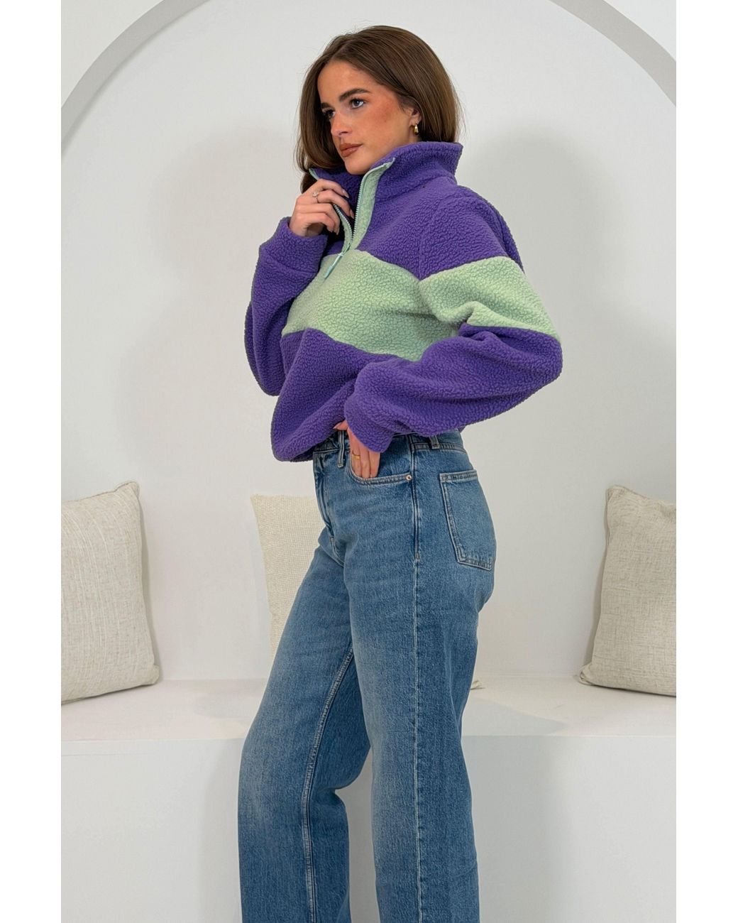 Girl In Mind Purple Beau 3/4 Zip Contrast Panel Fleece