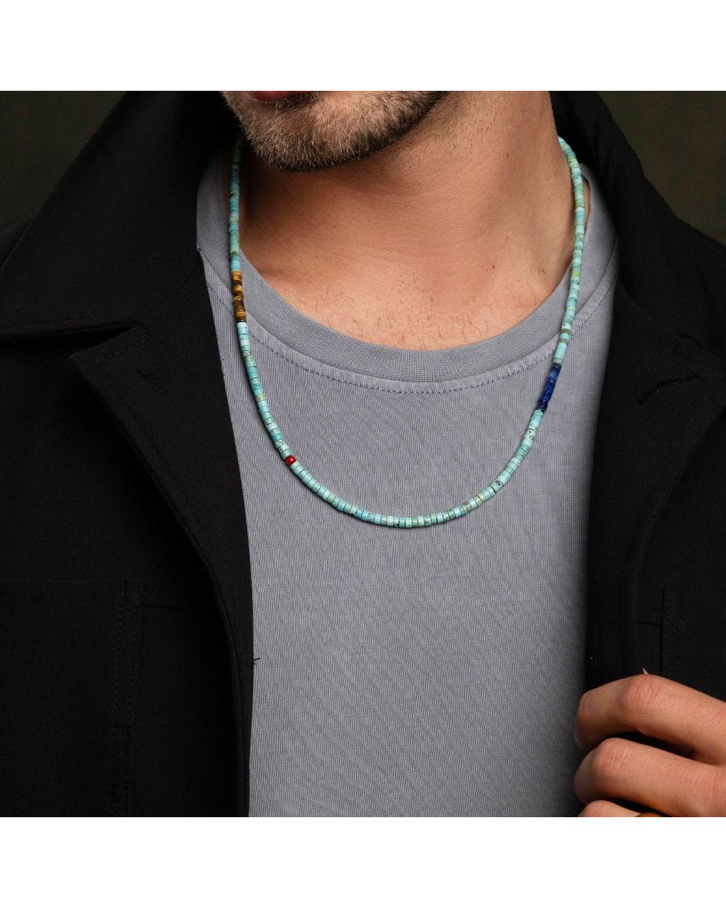 Nialaya Blue Heishi Necklace With Tiger Eye And Lapis for men