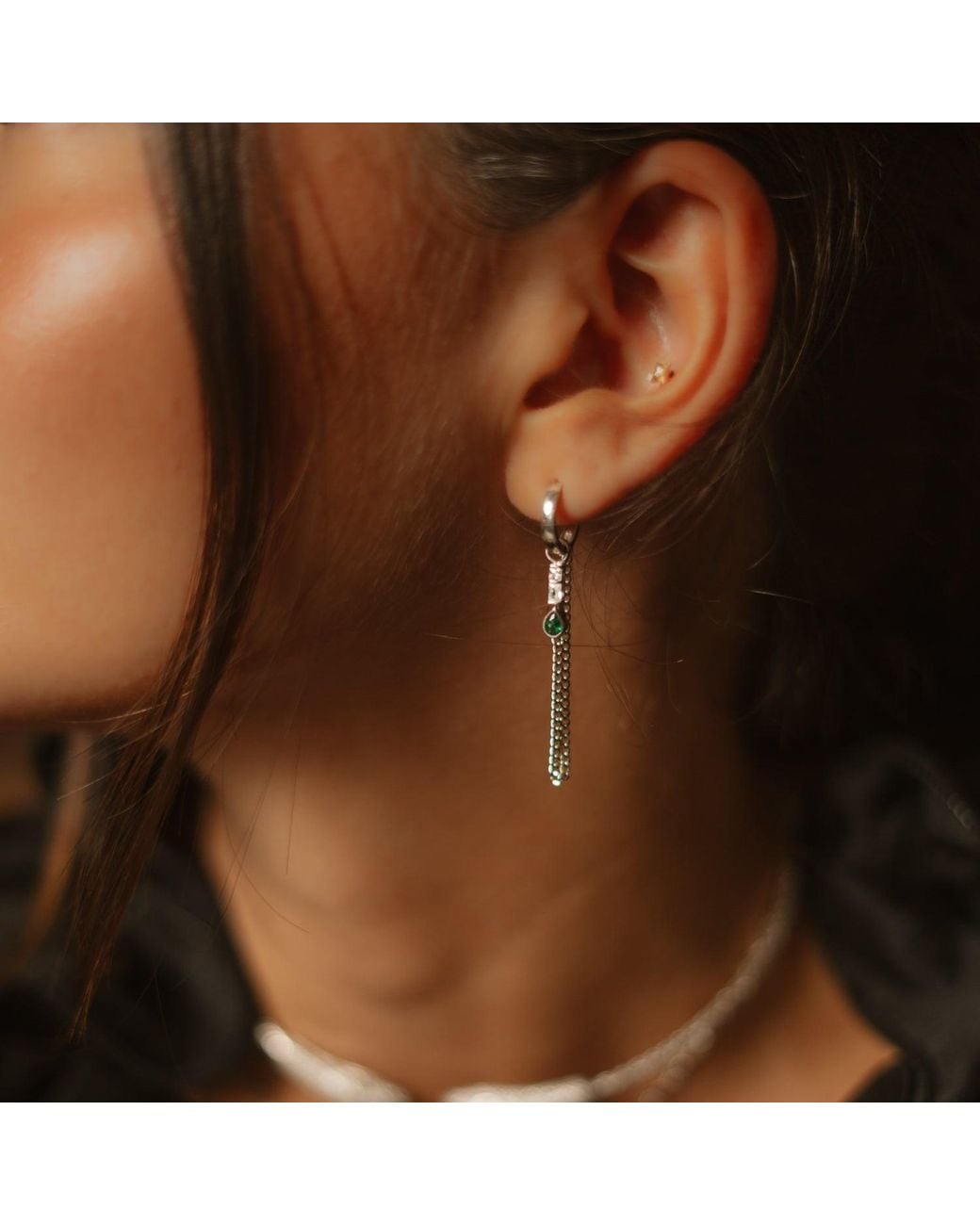 Ebru Jewelry White Emerald Drop Chain Drape Sterling Huggie Earrings