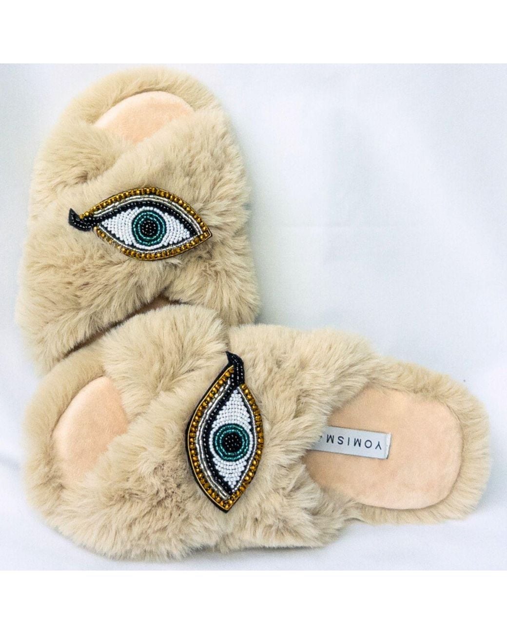 Yomisma Natural Neutrals Eco Faux Fur Slippers – Recycled Faux Fur + Evil Eye Embellishment