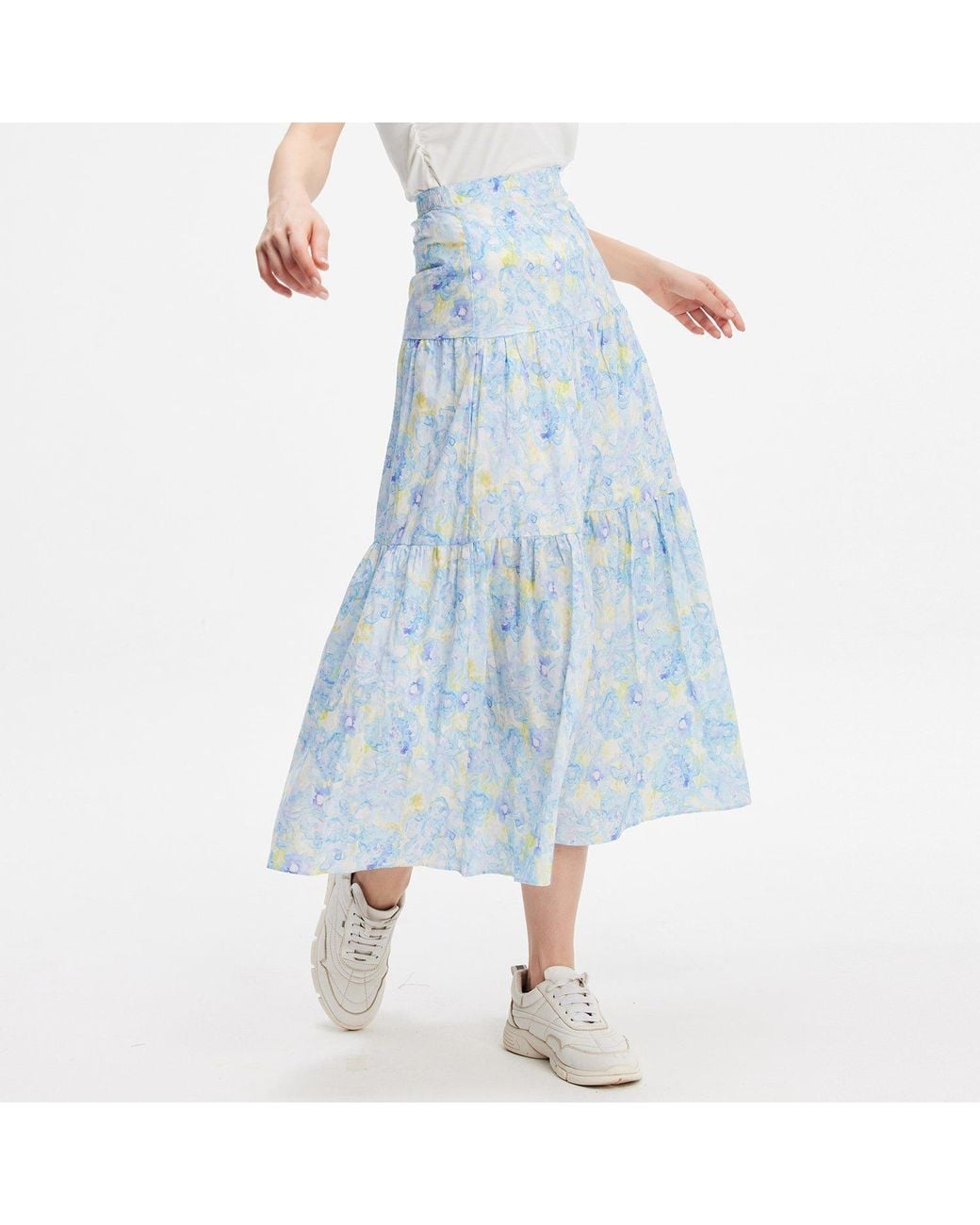 Smart and Joy Blue Flower Print Tiered Panel Midi Skirt