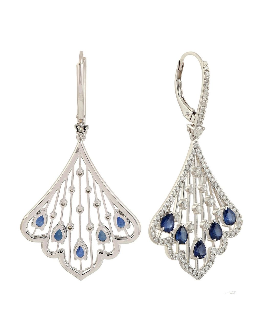 Artisan Handmade 18k White Gold Pave Diamond Blue Sapphire Dangle Earrings Jewelry