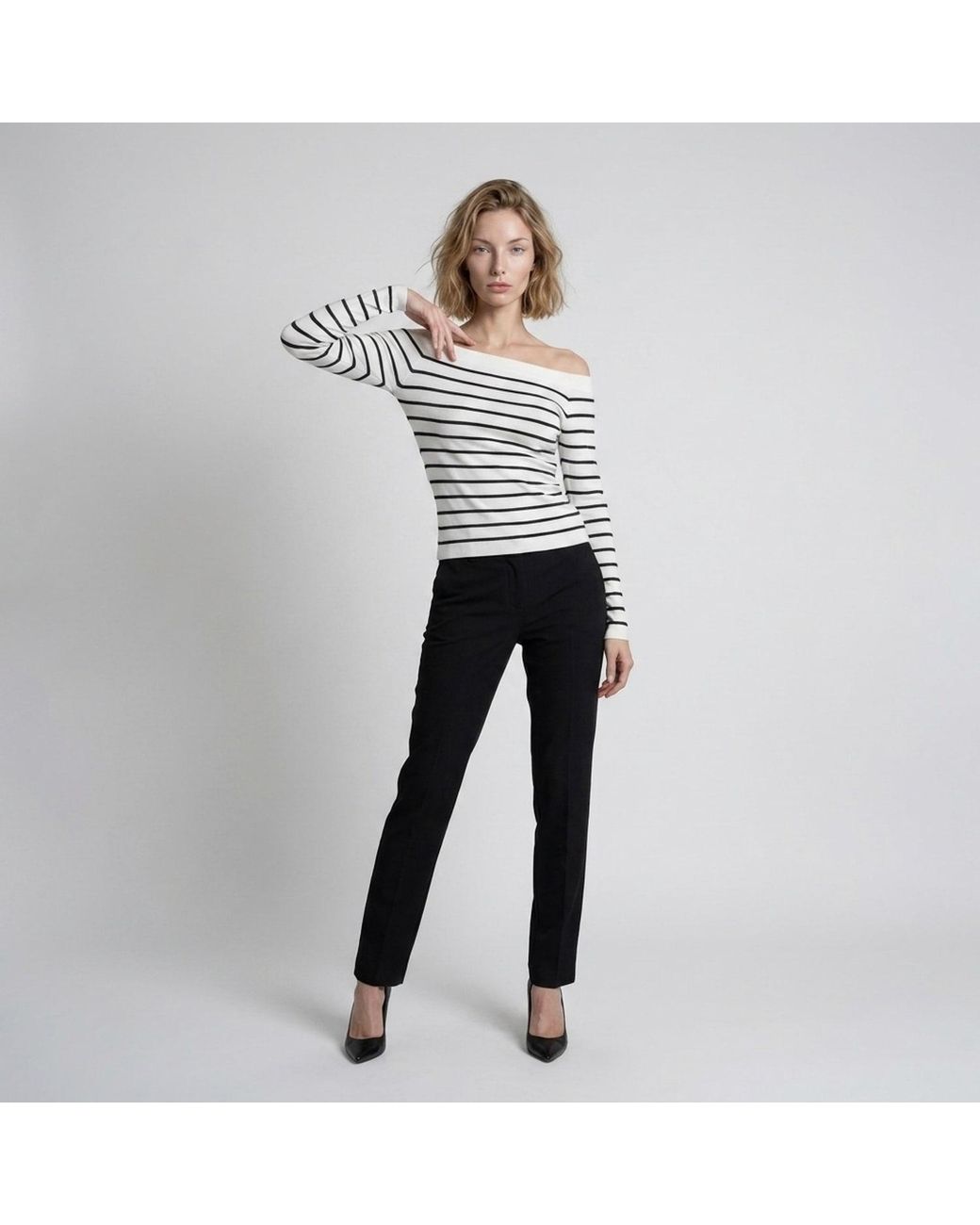 Modenaire Gray Striped Knit Top Sculpted Form