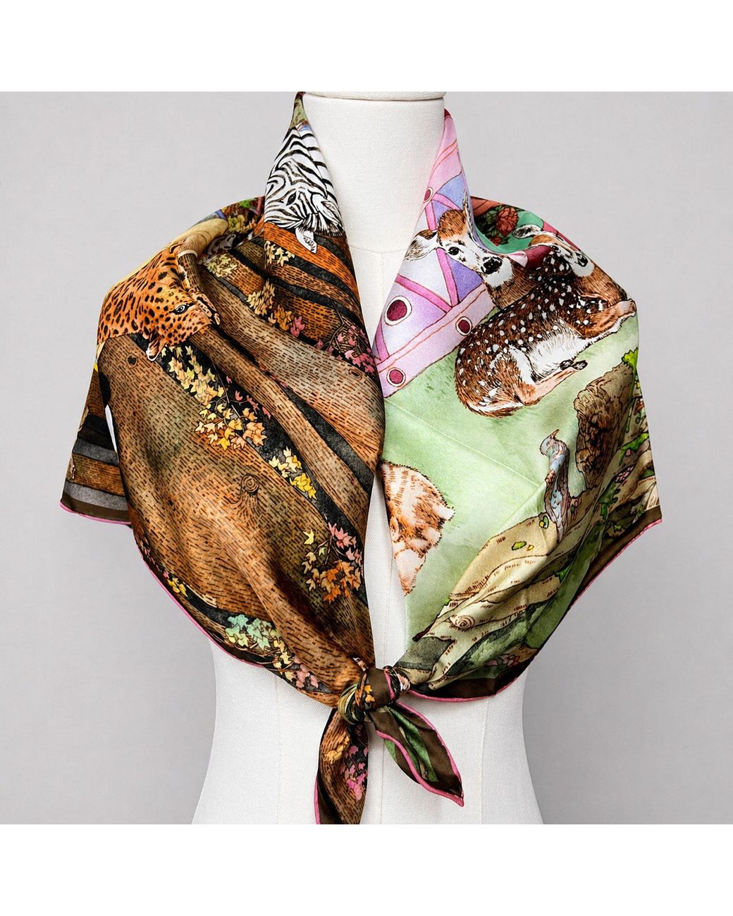 Wenzi Multicolor Neutrals The Forest Circus Hand Painted Mulberry Silk Square Scarf