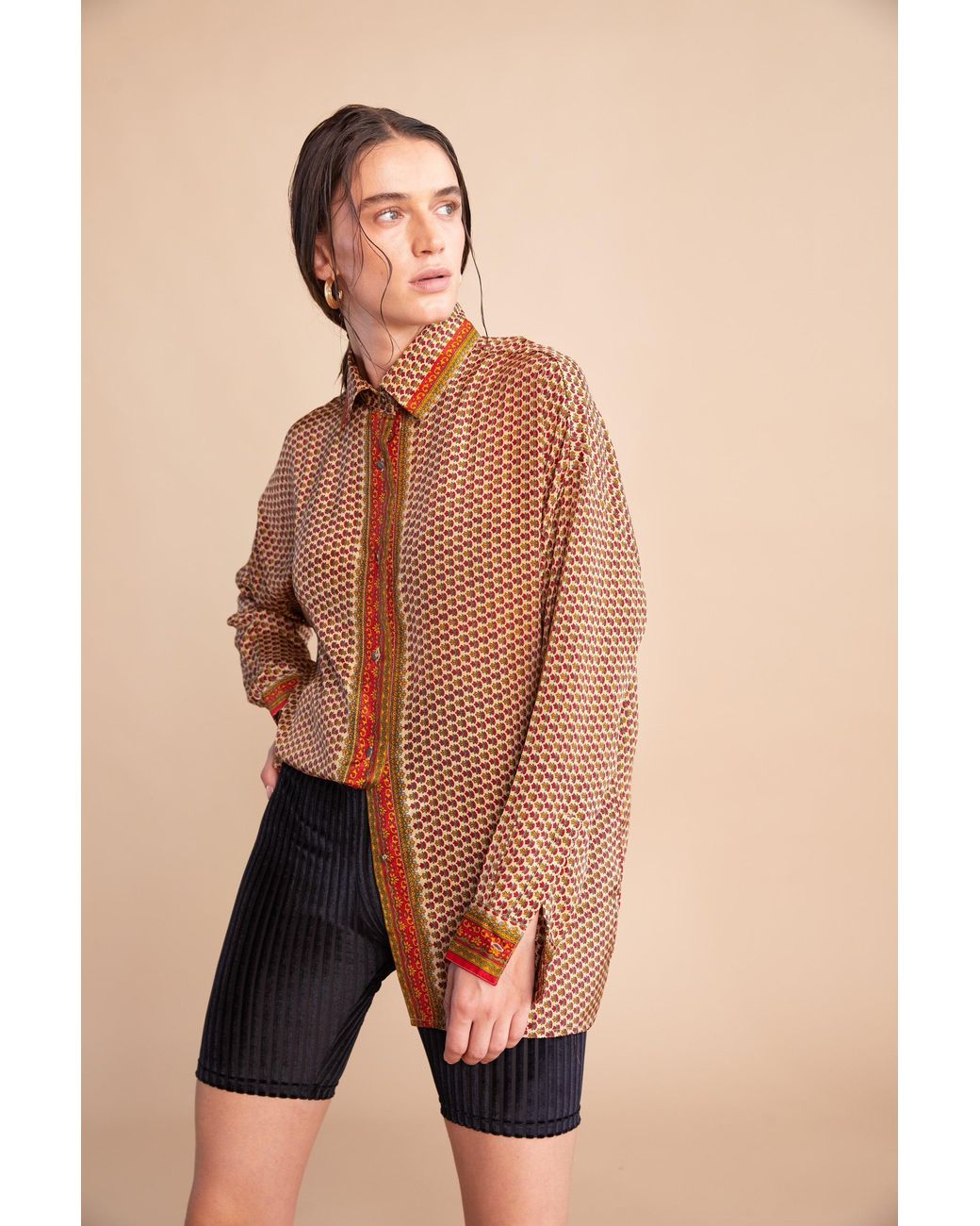 Monzlapur New York Brown Embossed Oriental Motif Long Sleeve Shirt for men