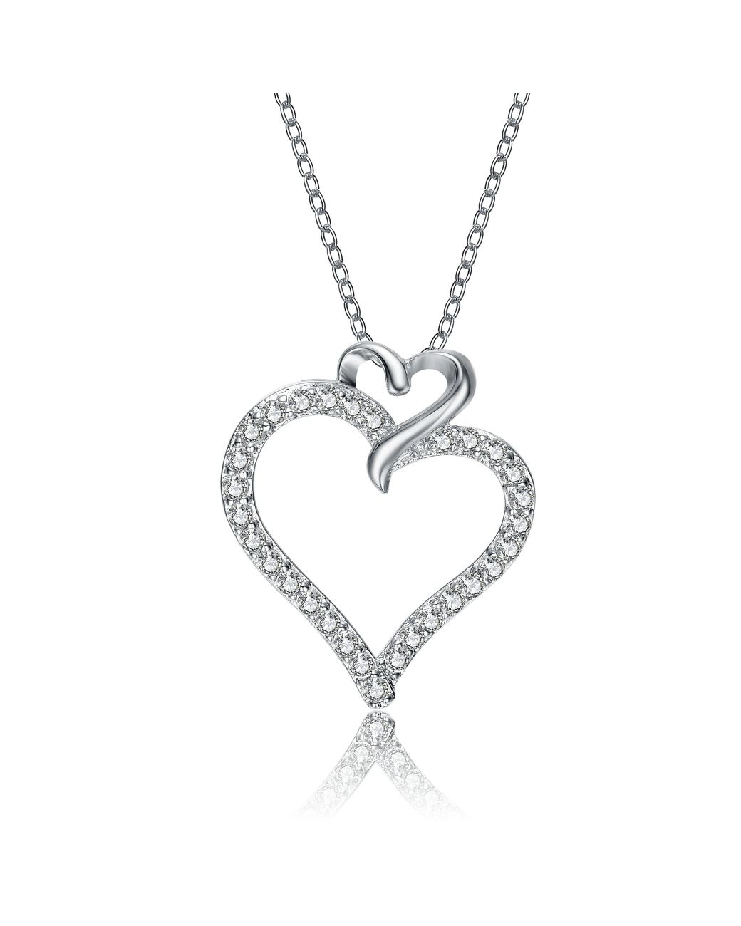 Genevive Jewelry Metallic Sterling Plated With Clear Cubic Zirconia Double Heart Pendant Necklace